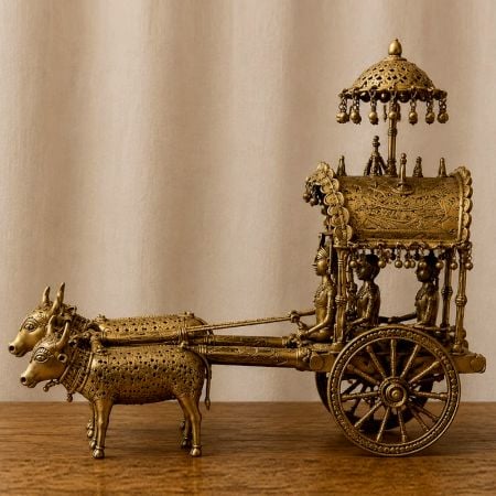 Handcrafted Brass Dhokra Bullock Cart with Tribal Couple